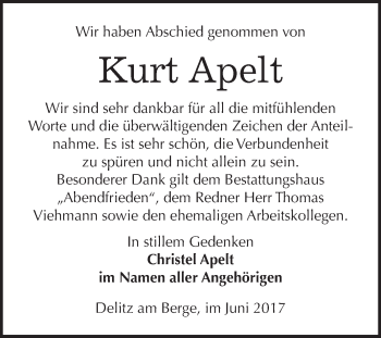 Traueranzeige von Kurt Apelt von WVG - Wochenspiegel Merseburg