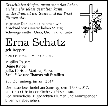 Traueranzeige von Erna Schatz von Mitteldeutsche Zeitung Merseburg/Querfurt