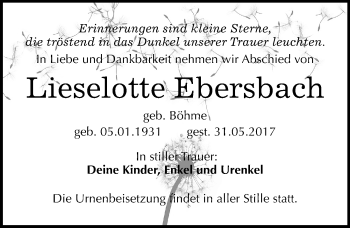 Traueranzeige von Lieselotte Ebersbach von Mitteldeutsche Zeitung Bitterfeld
