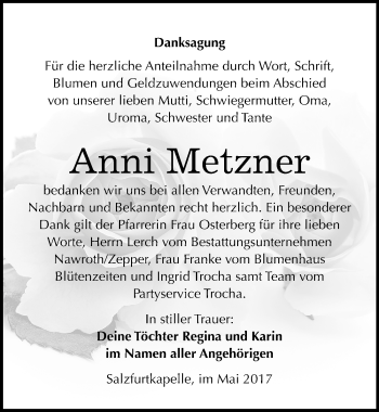 Traueranzeige von Anni Metzner von Mitteldeutsche Zeitung Bitterfeld