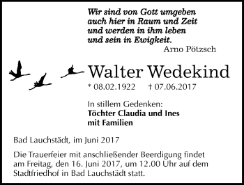 Traueranzeige von Walter Wedekind von Mitteldeutsche Zeitung Merseburg/Querfurt