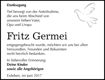 Traueranzeige von Fritz Germei von Mitteldeutsche Zeitung Mansfelder Land