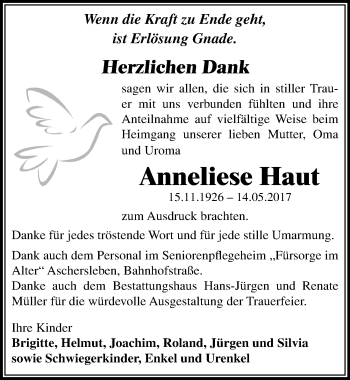 Traueranzeige von Anneliese Haut von Mitteldeutsche Zeitung Aschersleben
