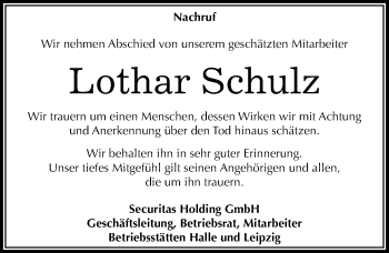 Traueranzeige von Lothar Schulz von Mitteldeutsche Zeitung Halle/Saalkreis