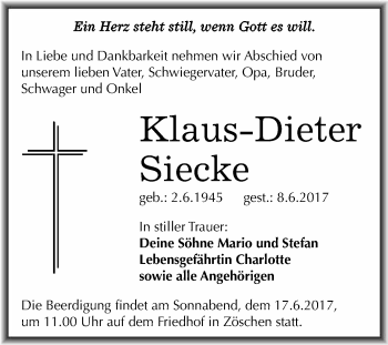 Traueranzeige von Klaus-Dieter Siecke von WVG - Wochenspiegel Merseburg
