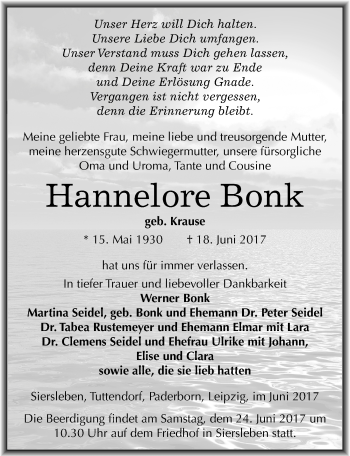 Traueranzeige von Hannelore Bonk von Mitteldeutsche Zeitung Mansfelder Land