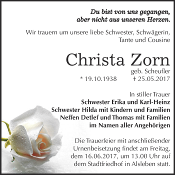 Traueranzeige von Christa Zorn von Super Sonntag Bernburg