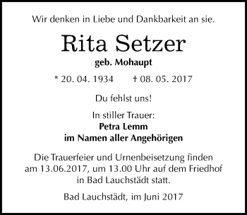 Traueranzeige von Rita Setzer von Mitteldeutsche Zeitung Merseburg/Querfurt