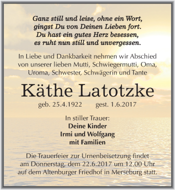 Traueranzeige von Käthe Latotzke von Mitteldeutsche Zeitung Merseburg/Querfurt