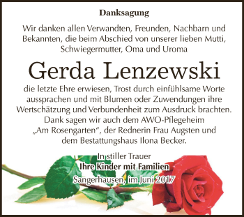 Traueranzeige von Gerda Lenzewski von Super Sonntag SGH Mansf. Land