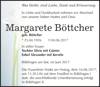 Traueranzeige von Margarete Böttcher von Mitteldeutsche Zeitung Mansfelder Land