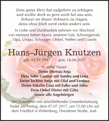 Traueranzeige von Hans-Jürgen Knutzen von WVG - Wochenspiegel Wittenberg