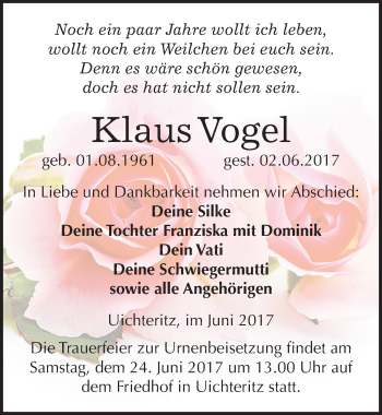 Traueranzeige von Klaus Vogel von Mitteldeutsche Zeitung Weißenfels