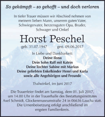 Traueranzeige von Horst Peschel von WVG - Wochenspiegel NMB / WSF / ZTZ