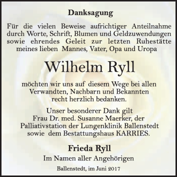 Traueranzeige von Wilhelm Ryll von WVG - Wochenspiegel Quedlinburg