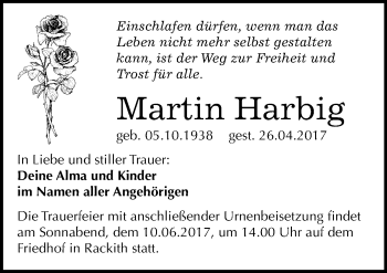 Traueranzeige von Martin Harbig von Mitteldeutsche Zeitung Wittenberg
