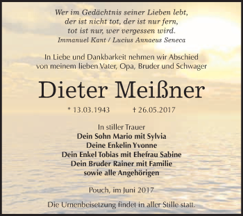 Traueranzeige von Dieter Meißner von WVG - Wochenspiegel Bitterfeld