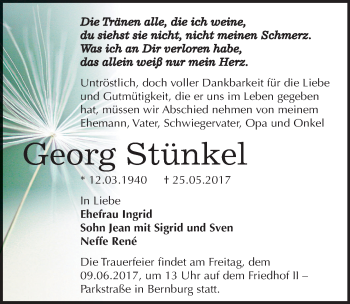 Traueranzeige von Georg Stünkel von Mitteldeutsche Zeitung Bernburg