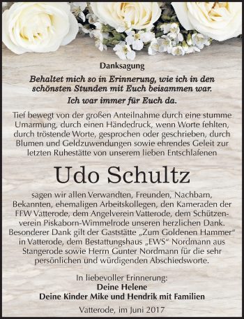 Traueranzeige von Udo Schultz von Mitteldeutsche Zeitung Mansfelder Land