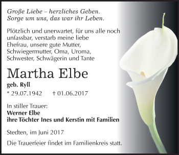Traueranzeige von Martha Elbe von Mitteldeutsche Zeitung Mansfelder Land