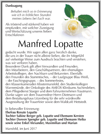 Traueranzeige von Manfred Lopatte von Super Sonntag SGH Mansf. Land