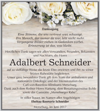 Traueranzeige von Adalbert Schneider von WVG - Wochenspiegel Merseburg