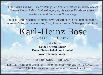 Traueranzeige von Karl Heinz Böse von WVG - Wochenspiegel Wittenberg