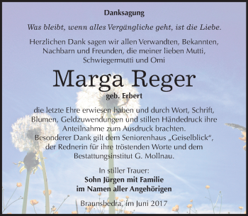 Traueranzeige von Marga Reger von Mitteldeutsche Zeitung Merseburg/Querfurt