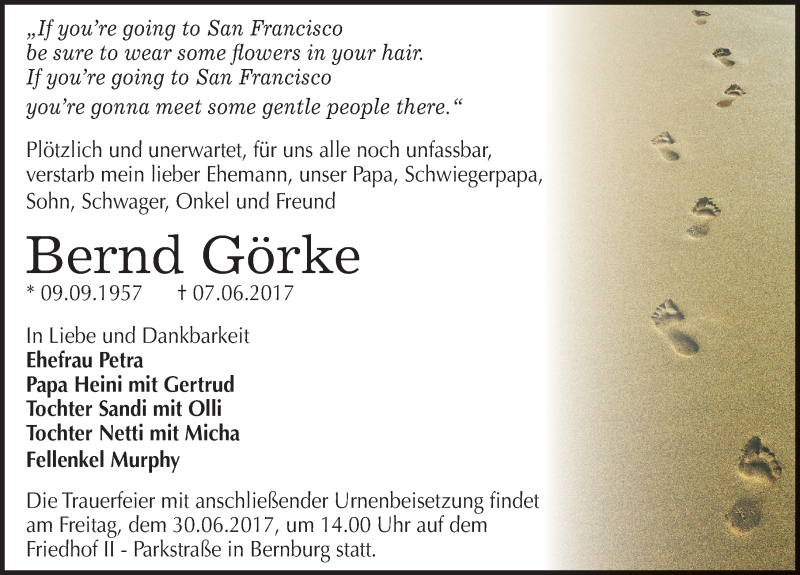  Traueranzeige für Bernd Görke vom 17.06.2017 aus Mitteldeutsche Zeitung Bernburg