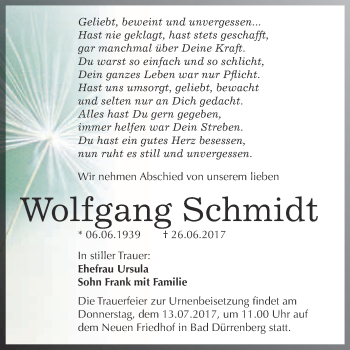 Traueranzeige von Wolfgang Schmidt von Super Sonntag Merseburg