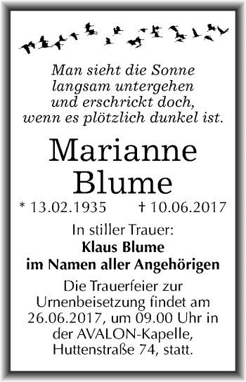 Traueranzeige von Marianne Blume von Mitteldeutsche Zeitung Halle/Saalkreis