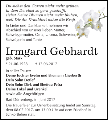 Traueranzeige von Irmgard Gebhardt von Super Sonntag Merseburg