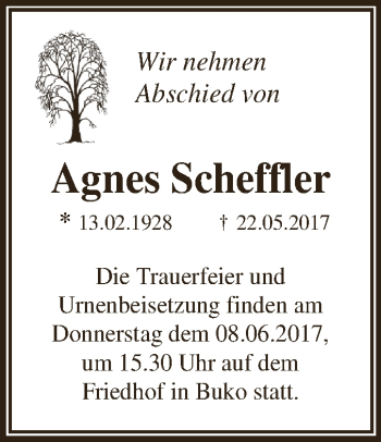Traueranzeige von Agnes Scheffler von WVG - Wochenspiegel Dessau / Köthen