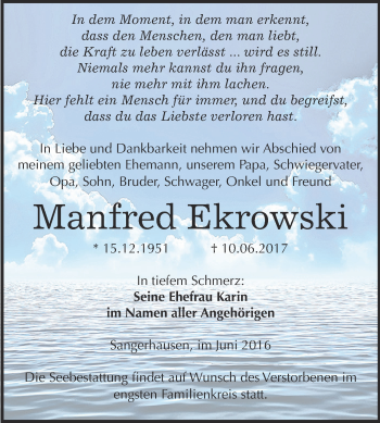 Traueranzeige von Manfred Ekrowski von Super Sonntag SGH Mansf. Land