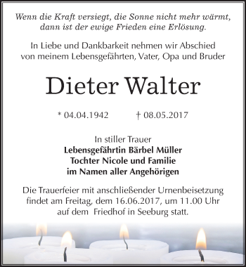 Traueranzeige von Dieter Walter von Mitteldeutsche Zeitung Mansfelder Land