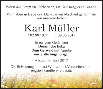 Traueranzeige von Karl Müller von Mitteldeutsche Zeitung Sangerhausen