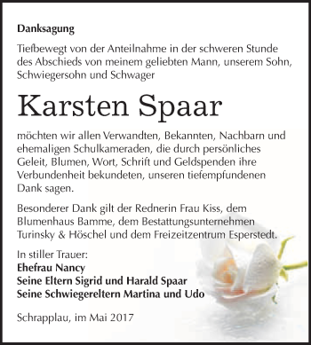 Traueranzeige von Karsten Spaar von WVG - Wochenspiegel Merseburg