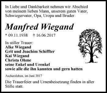 Traueranzeige von Manfred Wiegand von Mitteldeutsche Zeitung Aschersleben