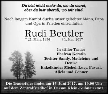 Traueranzeige von Rudi Beutler von Mitteldeutsche Zeitung Dessau-Roßlau