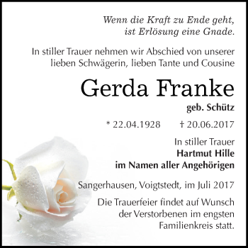 Traueranzeige von Gerda Franke von Super Sonntag SGH Mansf. Land