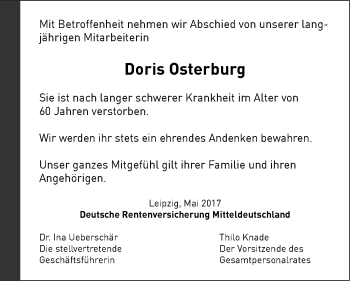Traueranzeige von Doris Osterburg von Mitteldeutsche Zeitung Mansfelder Land