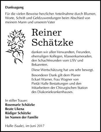 Traueranzeige von Reiner Schätzke von Mitteldeutsche Zeitung Halle/Saalkreis