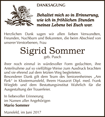 Traueranzeige von Sigrid Sommer von Wochenspiegel Mansfelder Land