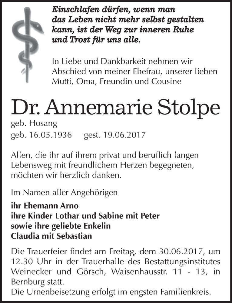  Traueranzeige für Annemarie Stolpe vom 24.06.2017 aus Mitteldeutsche Zeitung Bernburg