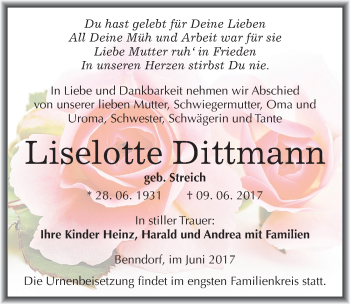 Traueranzeige von Liselotte Dittmann von Mitteldeutsche Zeitung Mansfelder Land
