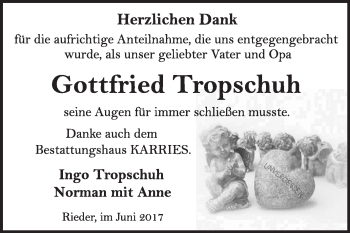 Traueranzeige von Gottfried Tropschuh von WVG - Wochenspiegel Quedlinburg