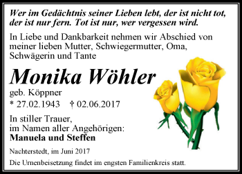 Traueranzeige von Monika Wöhler von Super Sonntag Aschersleben