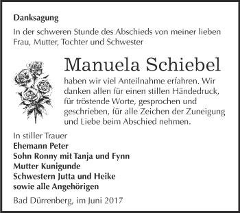 Traueranzeige von Manuela Schiebel von Super Sonntag Merseburg
