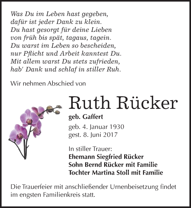  Traueranzeige für Ruth Rücker vom 17.06.2017 aus Mitteldeutsche Zeitung Halle/Saalkreis