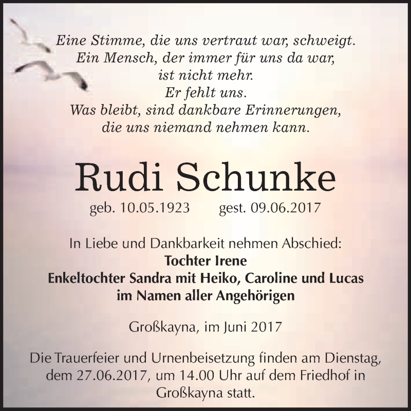  Traueranzeige für Rudi Schunke vom 17.06.2017 aus WVG - Wochenspiegel Merseburg